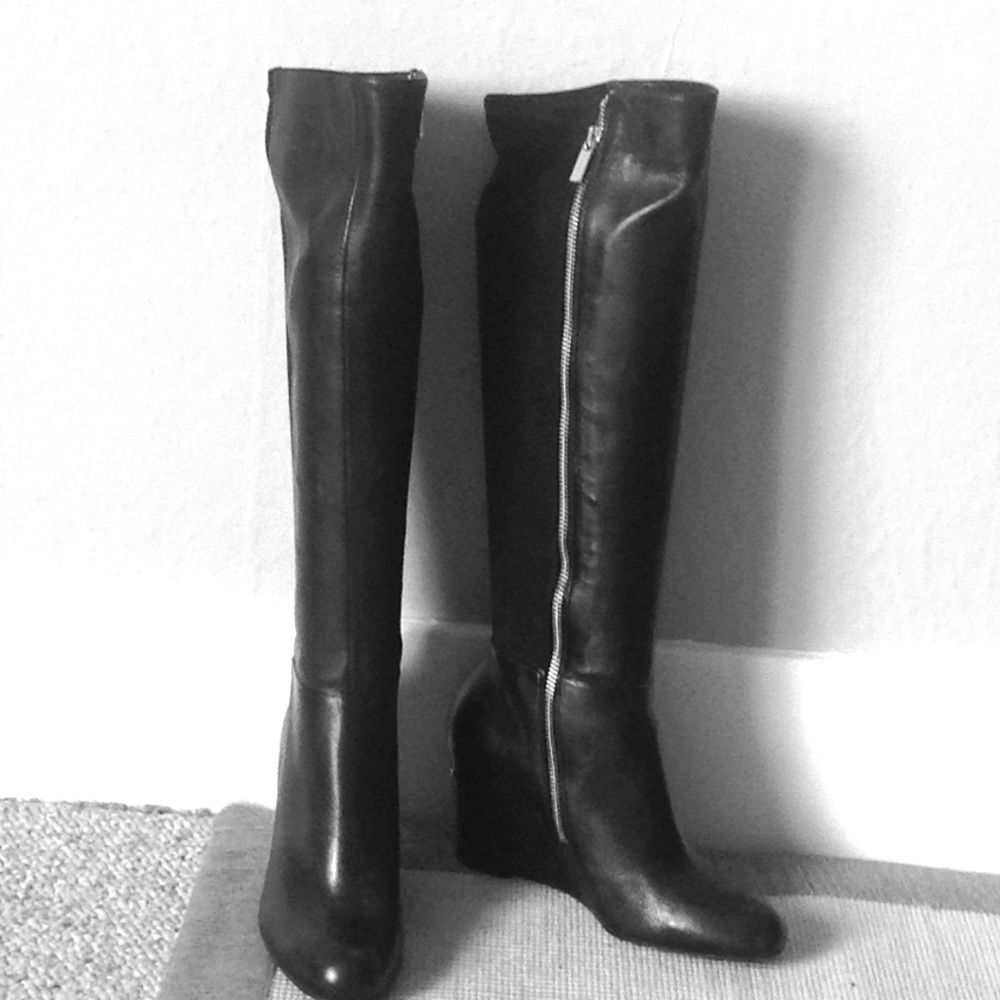 Wedge knee high boots, black leather, side zip